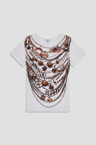white shortsleeve tshirt with layered necklace print