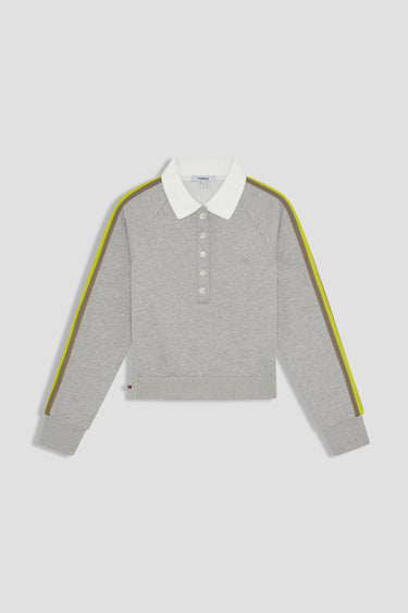 button-up heather grey fleece polo with green stripe detailing on sleeves