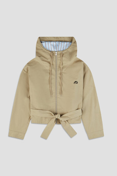 tan linen hooded jacket with waist tie