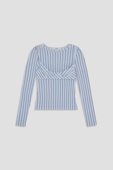 blue stripe long sleeve tshirt with matching bra layered on top