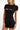 black shortsleeve knit romper with mother of pearl buttons at bust and waist