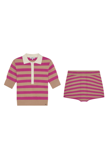 nude-and-pink striped polo with white collar and nude-and-pink striped booty short
