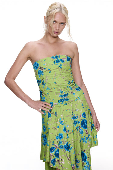 strapless green corset with blue floral print