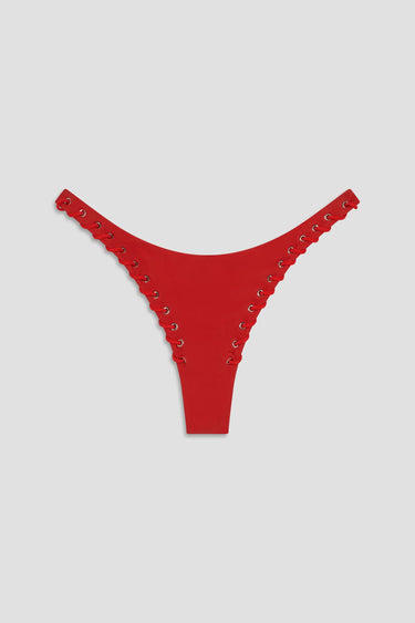 red bikini with laced stitch detailing