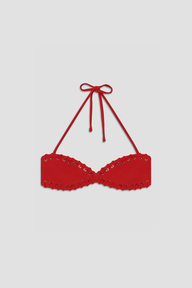 red bikini with laced stitch detailing