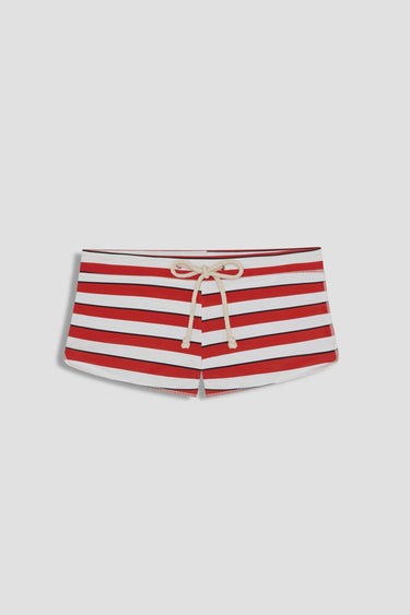 red black and white striped boyshort swim bottom with cream-colored rope drawstring