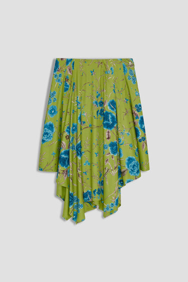 green handkerchief midi skirt with blue floral print