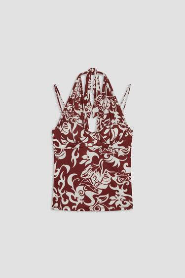 demi cup halter top with bra strap details in maroon-and-white hawaiian print