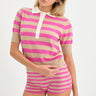 nude-and-pink striped short-sleeve polo with white collar and matching booty short