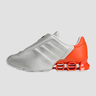silver and orange adidas shoe with white sole and tongue zipper