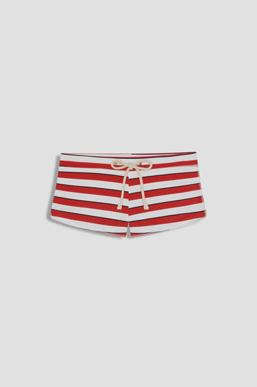 red black and white striped boyshort swim bottom with cream-colored rope drawstring