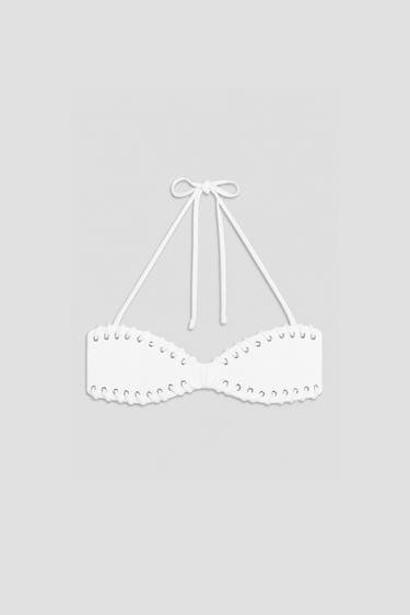white bandeau bikini top with looped stitching detail