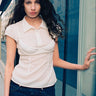 semi sheer, cap-sleeve button-up collared top featuring an external bra detail layered over