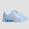 Light blue adidas athletic shoes with silver stripe white soles and a zipper tongue on a light gray background