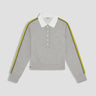 button-up heather grey fleece polo with green stripe detailing on sleeves