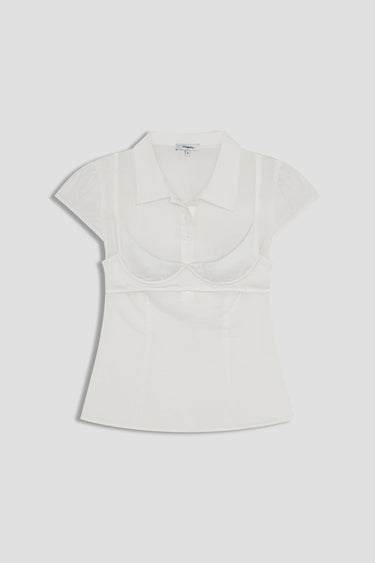 semi sheer, cap-sleeve button-up collared top featuring an external bra detail layered over