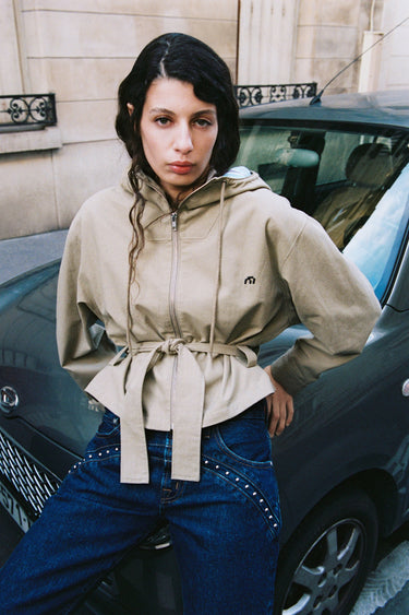 tan linen hooded jacket with waist tie