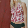 demi cup halter top with bra strap details in maroon-and-white hawaiian print