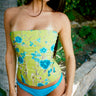 strapless green corset with blue floral print