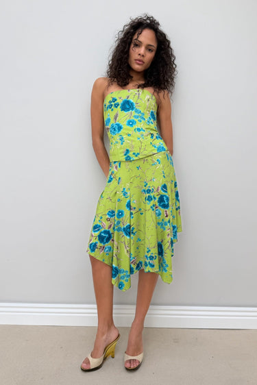 green handkerchief midi skirt with blue floral print