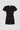 black shortsleeve knit romper with mother of pearl buttons at bust and waist