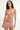 red black and white striped triangle top with star-shaped grommets and red black and white striped boyshort swim bottom with cream-colored rope drawstring