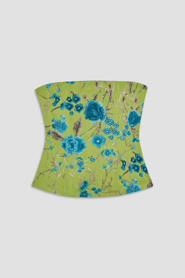 strapless green corset with blue floral print